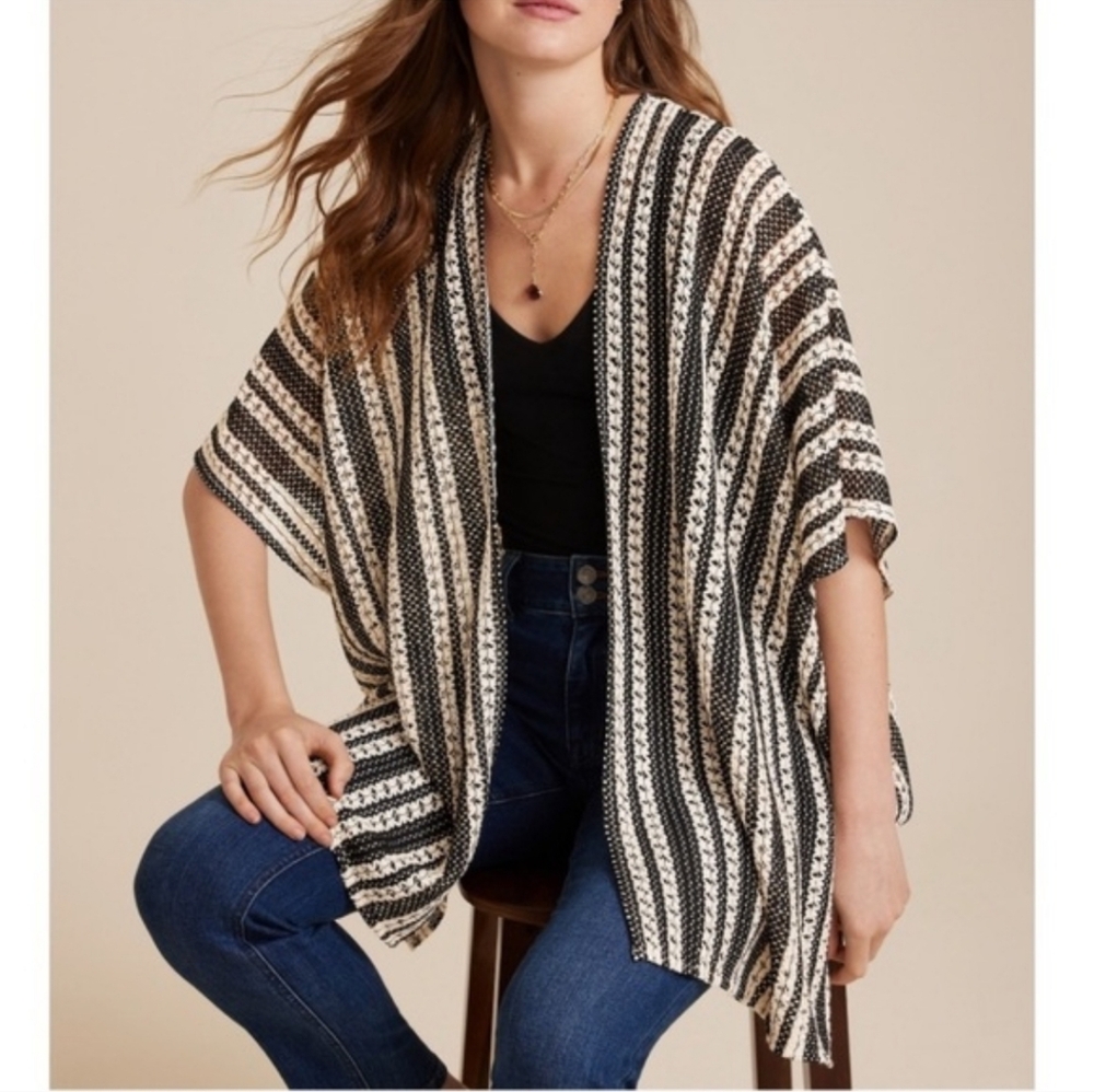 Maurices Black and Cream Striped Knit Open Front Cardigan